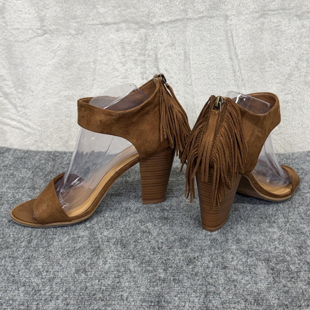 Fringe Block‎ Heel Sandals Womens 9.5 Brown D's Faux Suede Ankle Strap Zip Back